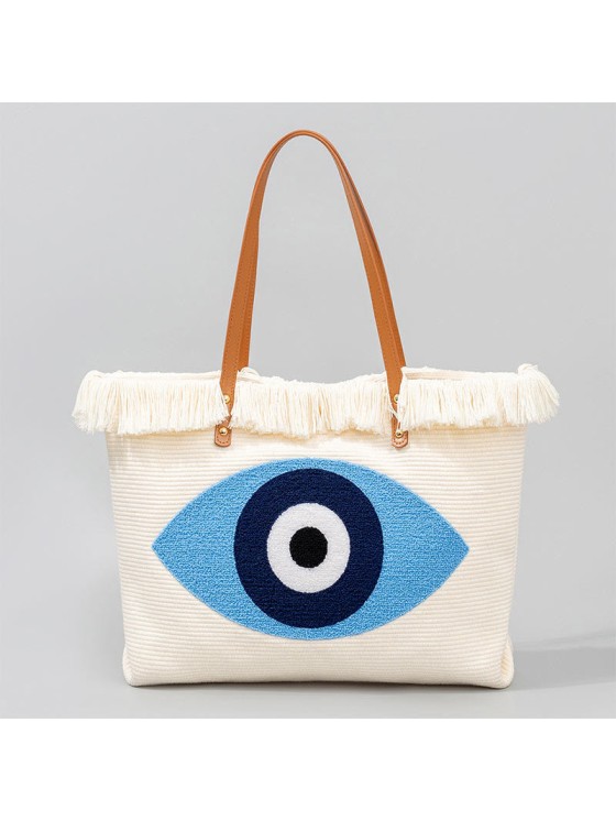 Buddha Stones Large Capacity Evil Eye Leaf Hamsa Tassel Canvas Tote Shoulder Bag